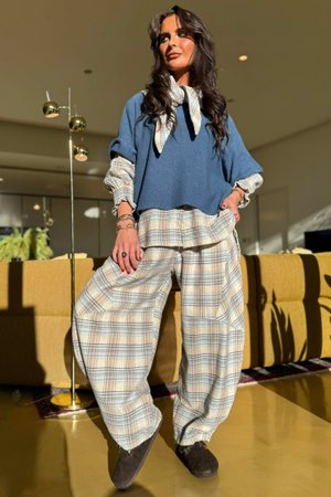 Agnes Plaid Brushed Cotton Barrel Pant Blue